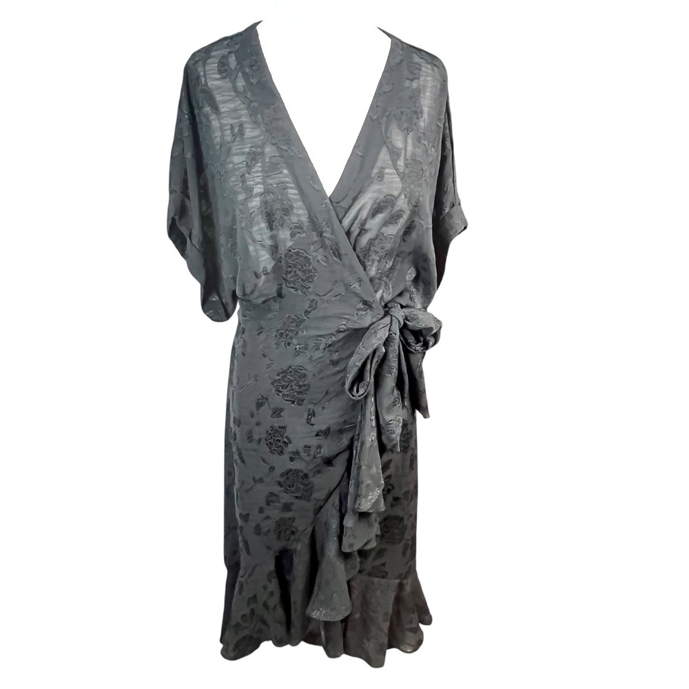 Lovestitch Women's Black Floral Jacquard Wrap‎ Midi Dress Ruffle Hem Medium